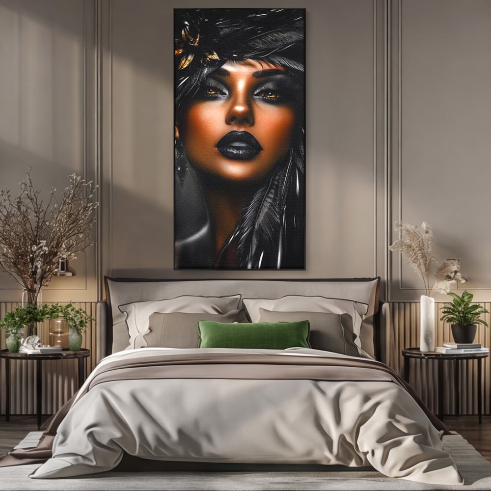 Tablou canvas cu tablou canvas cu portret artistic de femeie, in rama de aluminiu negru, pe perete intr-un dormitor